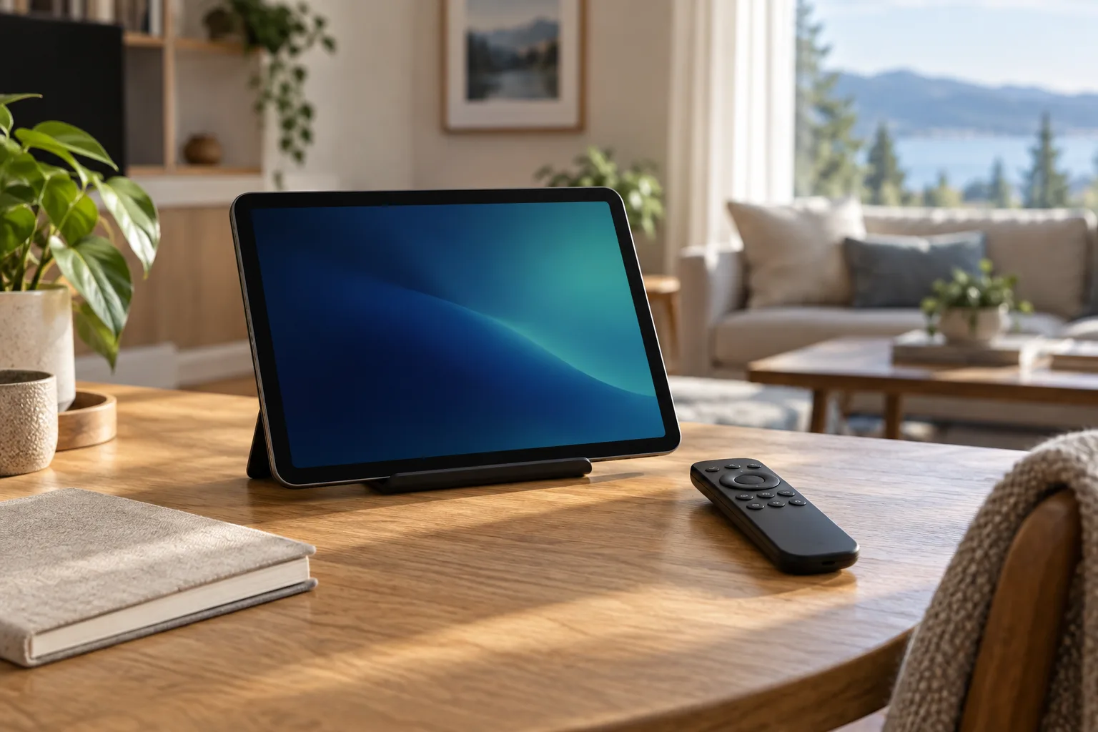 Tablet with an abstract blue screen and a remote on a desk beside a closed notebook.